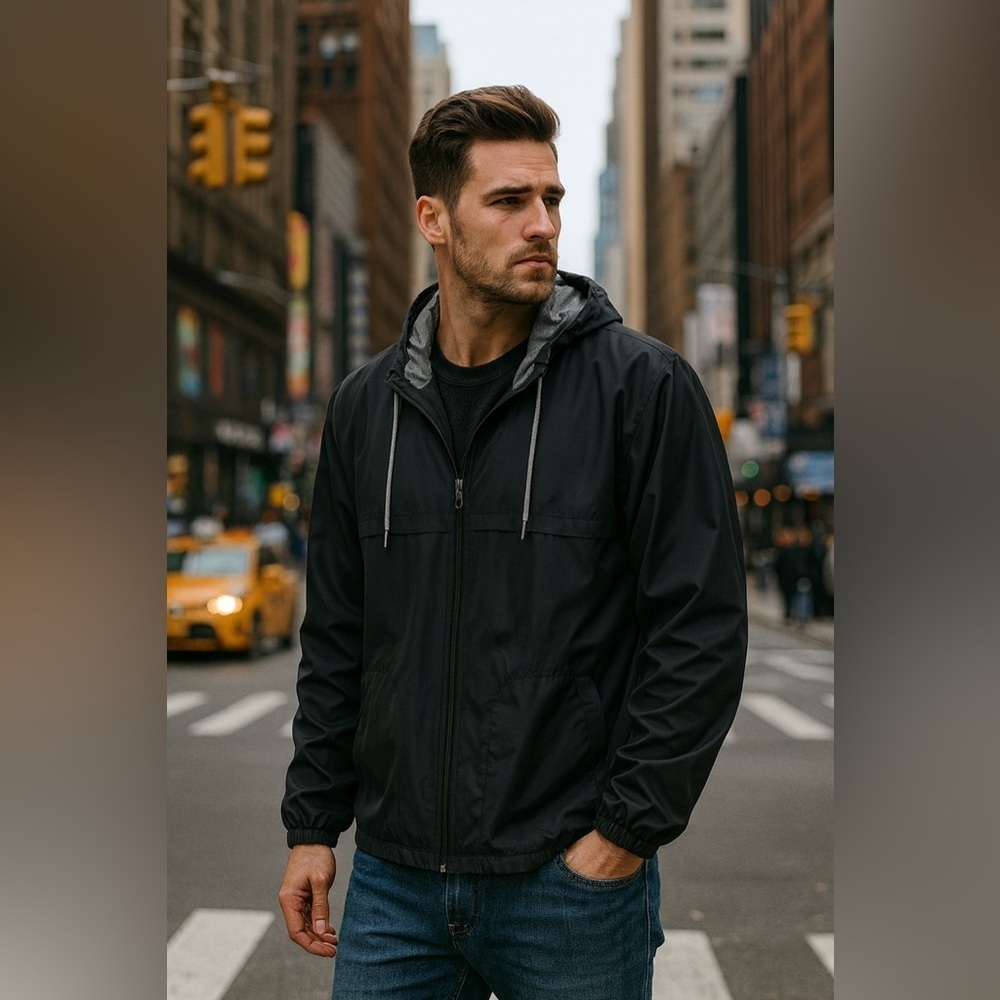 Athletic Works Black Windbreaker Jacket | Lightweight Hooded Zip-Up XL